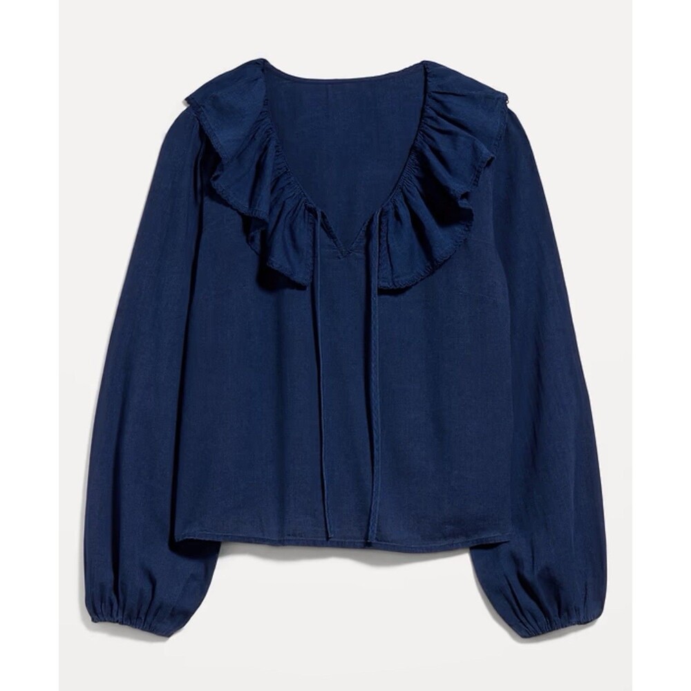 Old Navy Top Long Sleeve Ruffle Tie Neck Blue Minimalist Preppy Size XL NWT
